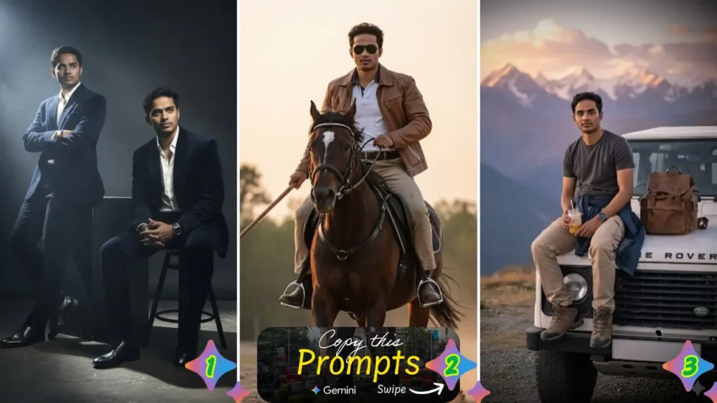 Gemini Luxury Lifestyle Photo Prompt — Gemini Hyperreal Collage Portrait Prompt – Focused on multi-pose, 3D tear-through effects, and diverse outfits.
