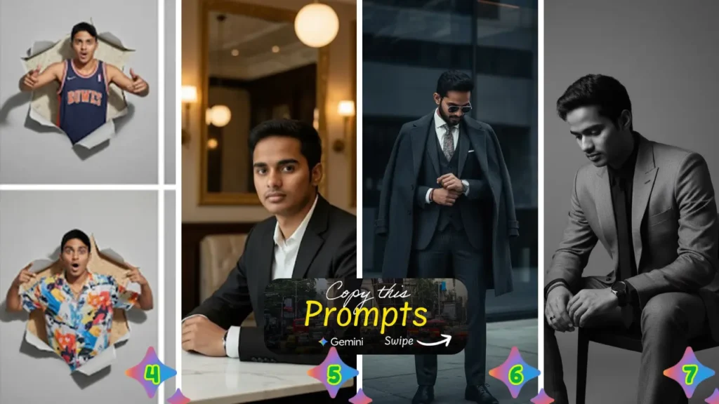 Gemini Luxury Lifestyle Photo Prompt — Gemini Urban Fashion Power Portrait Prompt – Modern city setting, pinstripe suit, reflective sunglasses, cinematic editorial.