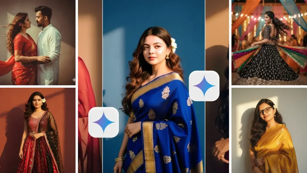 Google Gemini Nano Banana ai Saree Prompt Create Ordinary to Iconic 90s Bollywood Saree Look Photo