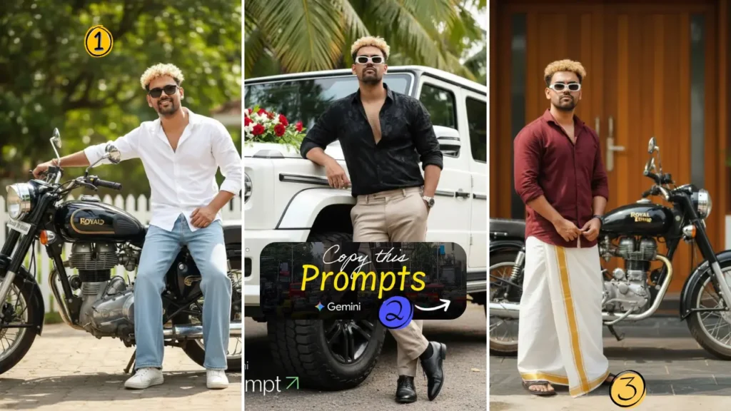 Man Gemini Photo Prompt For SUV, Royal Enfield, Range Rover, Traditional Style & More— Just Text Copy & Paste 3 Man Gemini Photo Prompt —SUV Fashion, Royal Enfield, raditional Style, Cinematic Dhoti