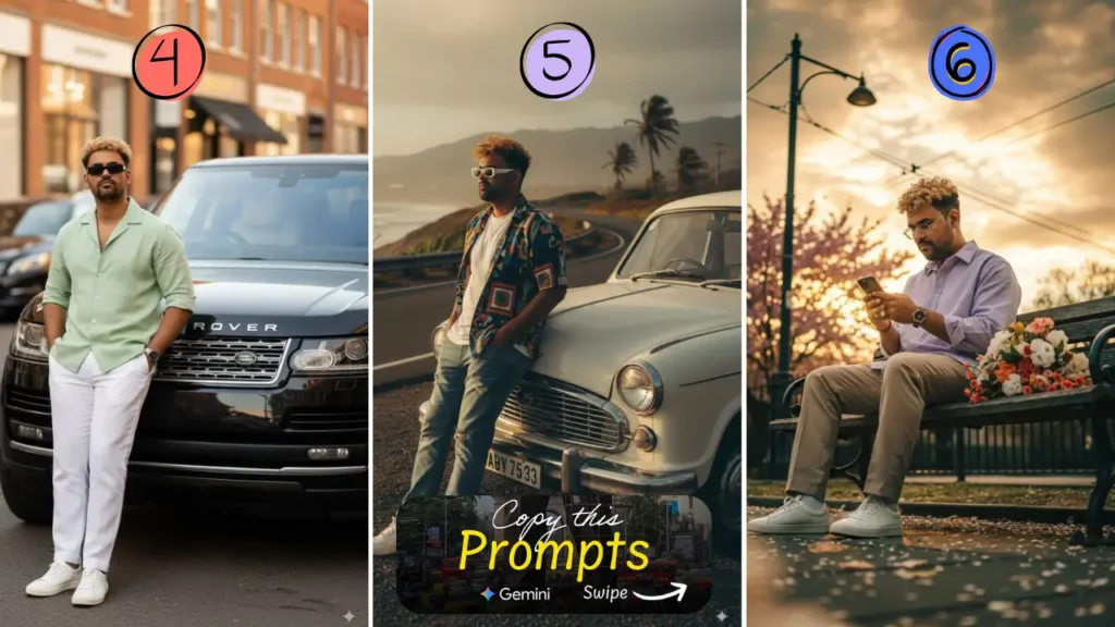 Man Gemini Photo Prompt For SUV, Royal Enfield, Range Rover, Traditional Style & More— Just Text Copy & Paste 4 Man Gemini Photo Prompt —black Range Rover, Gemini Retro Ambassador 90s Vintage, Streetlight Golden Hour Bench